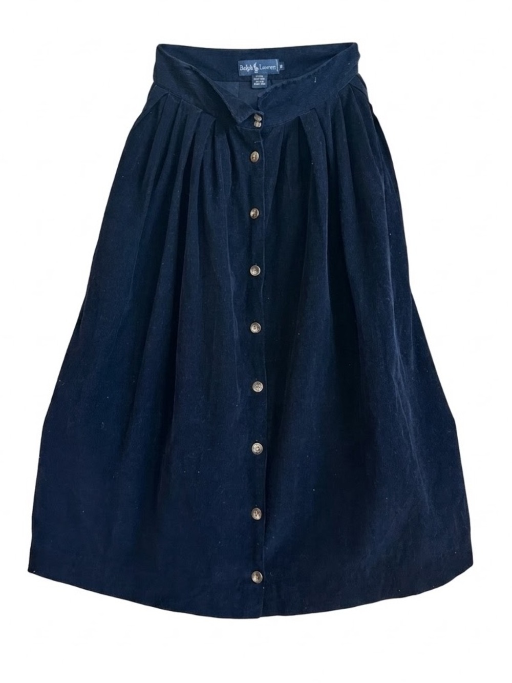 Vintage Ralph Lauren Blue Tag Navy Corduroy Button Front Pleated Midi Skirt 10
